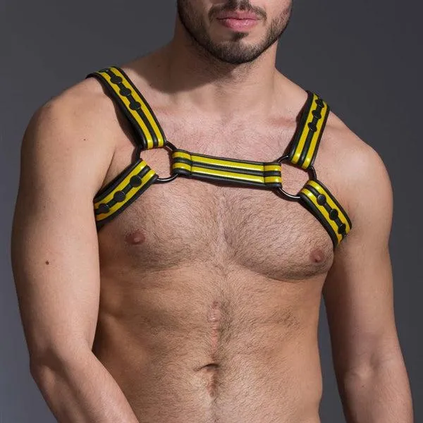 665 Neopreen - Riemenbody - Bulldog Harness - Zwart/Geel - Verkrijgbaar in 3 maten