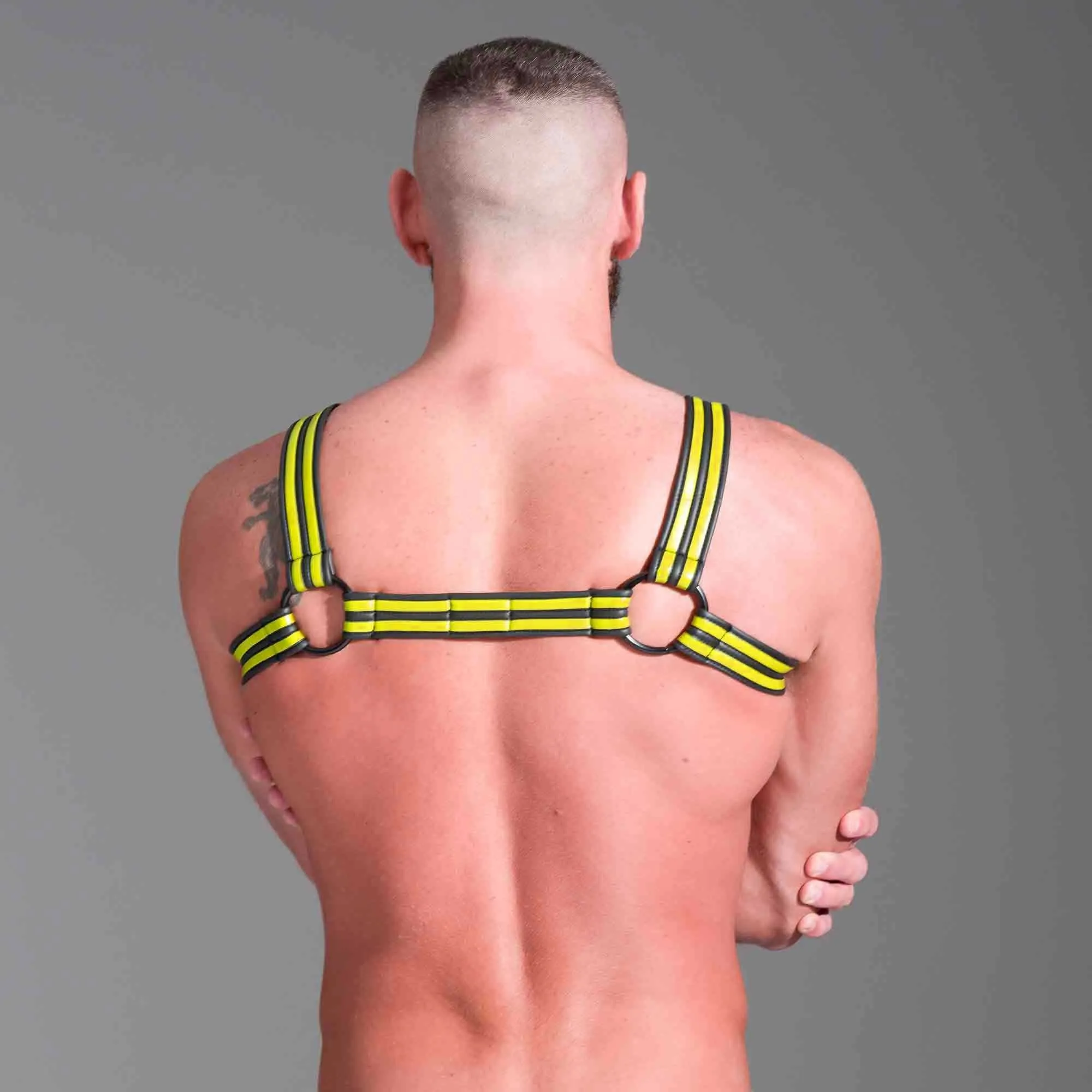 665 Neopreen - Riemenbody - Bulldog Harness - Zwart/Geel - Verkrijgbaar in 3 maten