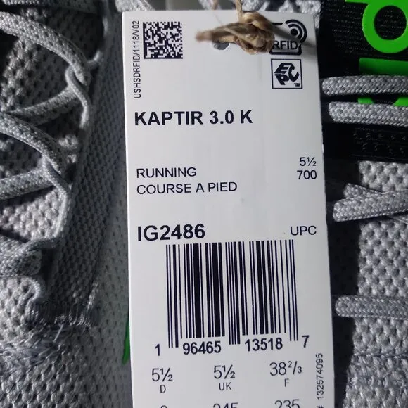Adidas Kids Size 6.0 Kaptir 3.0 Running Shoe IG2486 Grey/Green/Black New Box