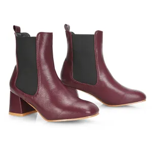 Anabella Square Toe Slip on Elasticated Mid-Block Heel Chelsea Ankle Boots in Burgandy