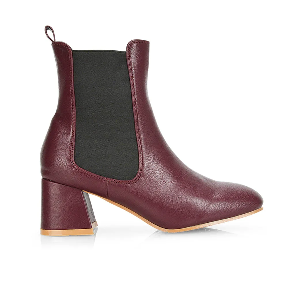 Anabella Square Toe Slip on Elasticated Mid-Block Heel Chelsea Ankle Boots in Burgandy