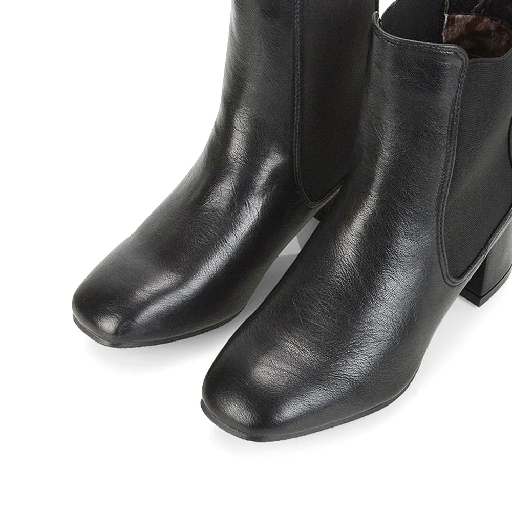 Anabella Square Toe Slip on Elasticated Mid-Block Heel Chelsea Ankle Boots in Burgandy