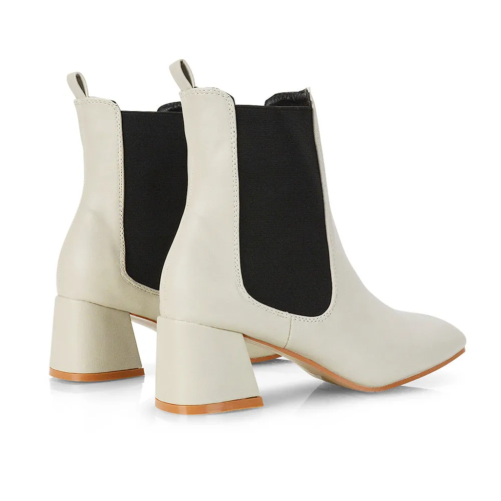 Anabella Square Toe Slip on Elasticated Mid-Block Heel Chelsea Ankle Boots in Burgandy