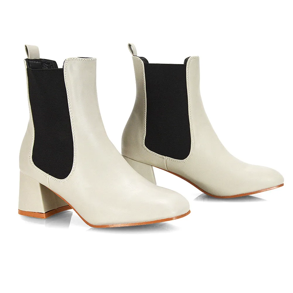 Anabella Square Toe Slip on Elasticated Mid-Block Heel Chelsea Ankle Boots in Burgandy