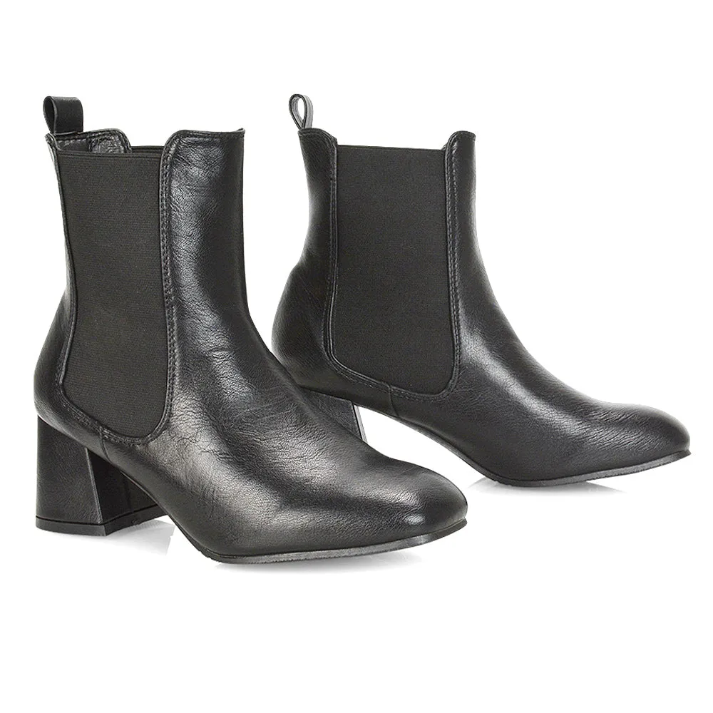 Anabella Square Toe Slip on Elasticated Mid-Block Heel Chelsea Ankle Boots in Burgandy