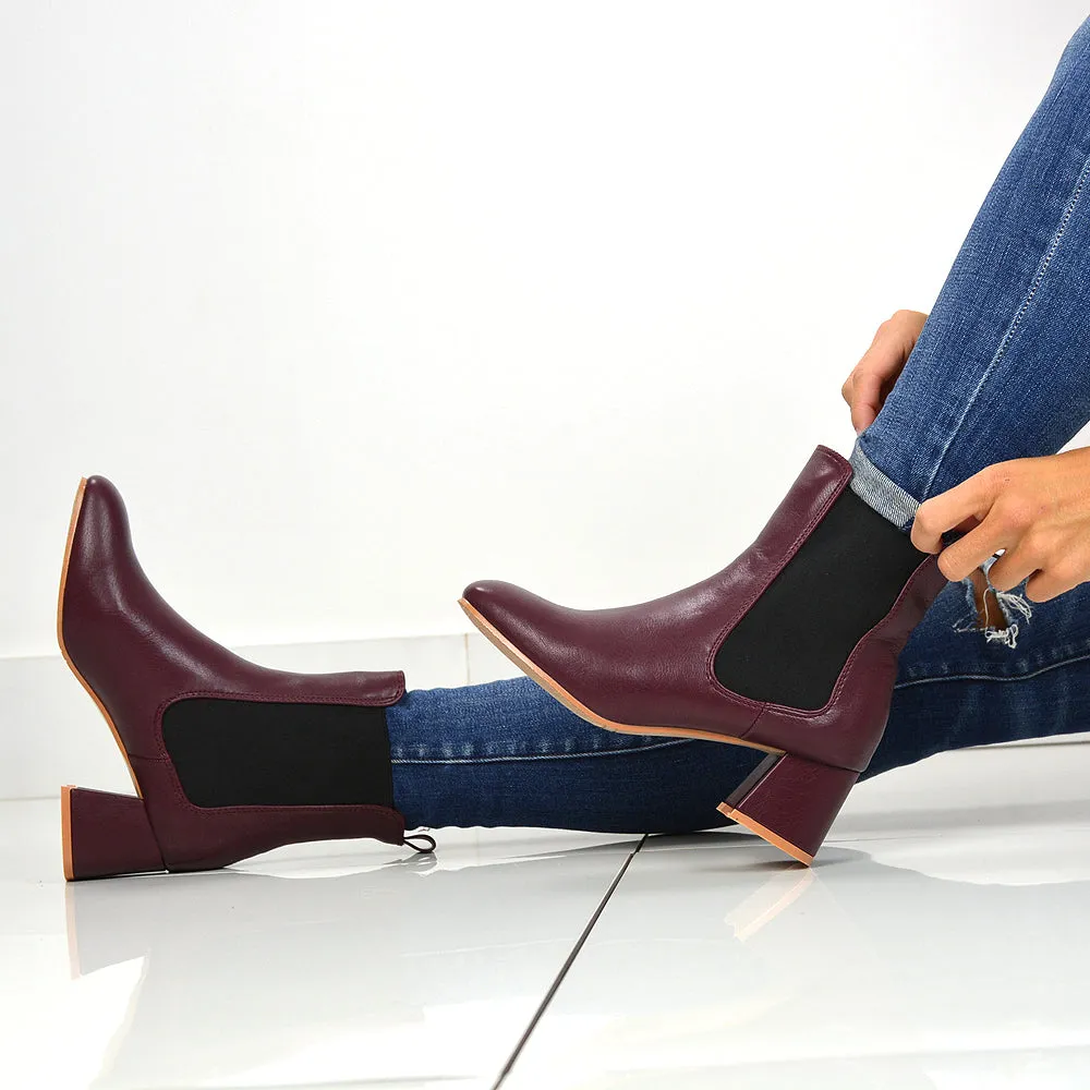 Anabella Square Toe Slip on Elasticated Mid-Block Heel Chelsea Ankle Boots in Burgandy