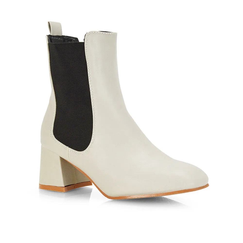 Anabella Square Toe Slip on Elasticated Mid-Block Heel Chelsea Ankle Boots in Burgandy