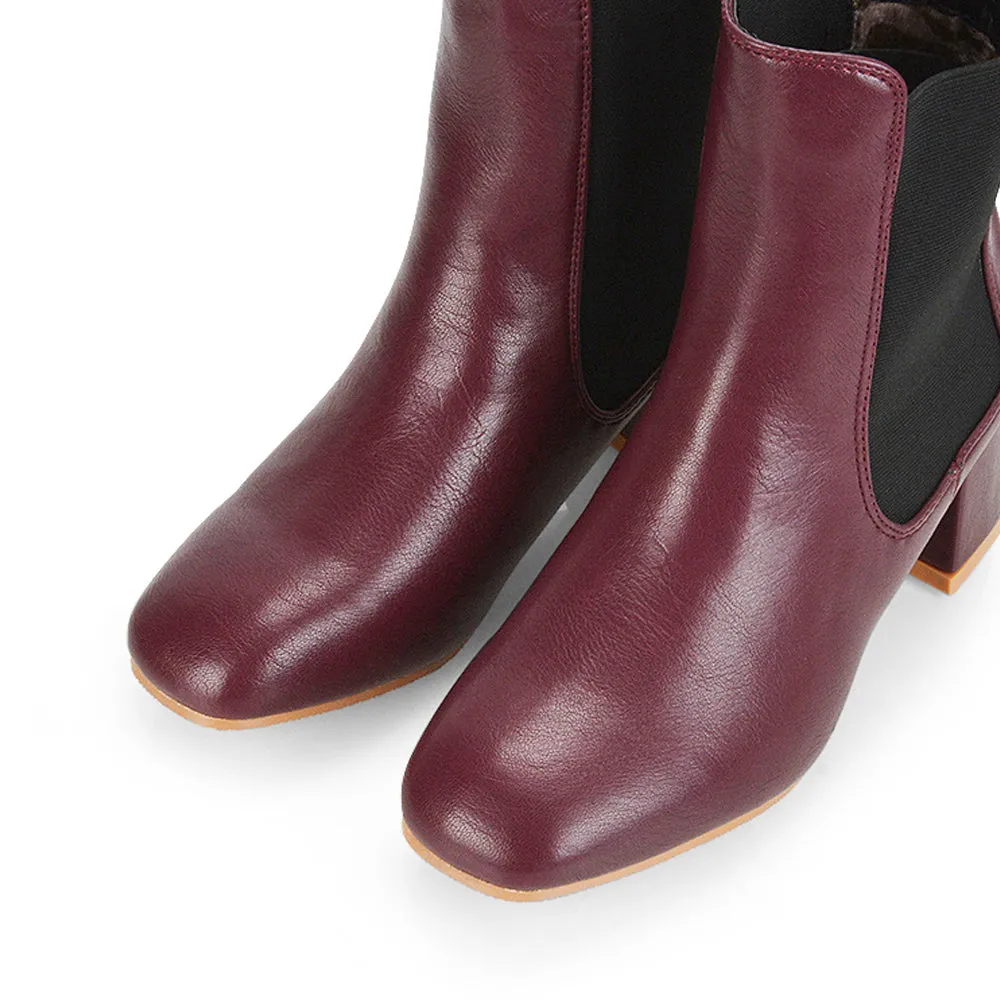 Anabella Square Toe Slip on Elasticated Mid-Block Heel Chelsea Ankle Boots in Burgandy