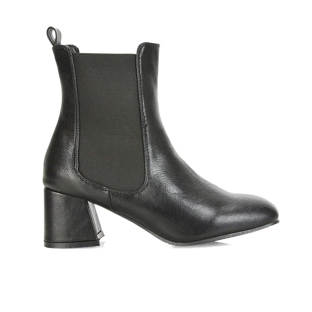 Anabella Square Toe Slip on Elasticated Mid-Block Heel Chelsea Ankle Boots in Burgandy