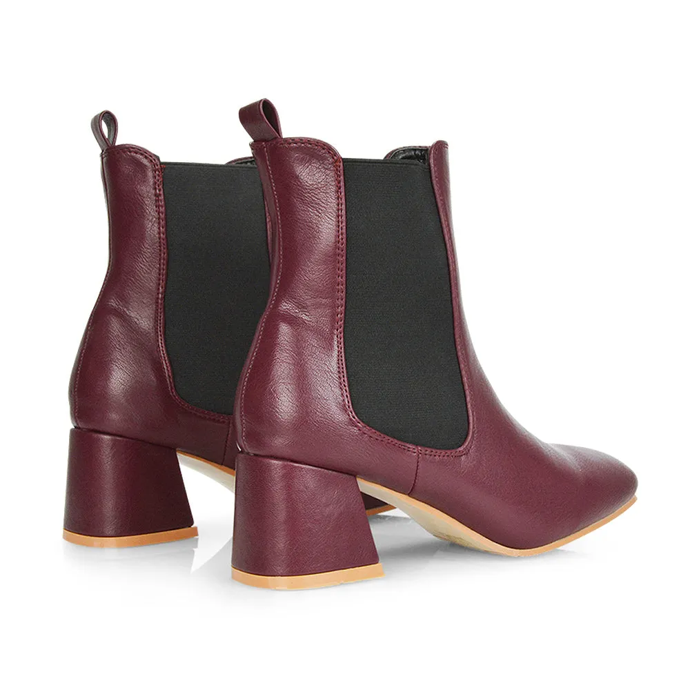 Anabella Square Toe Slip on Elasticated Mid-Block Heel Chelsea Ankle Boots in Burgandy
