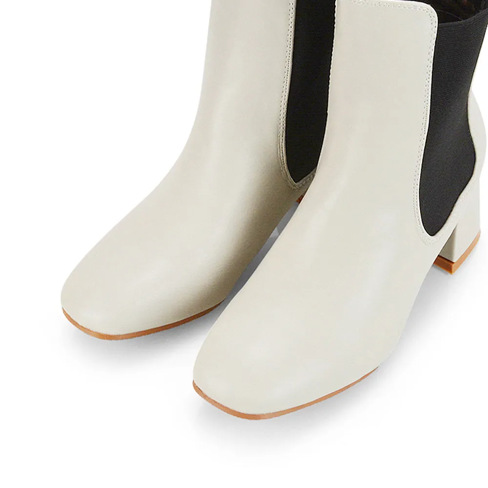 Anabella Square Toe Slip on Elasticated Mid-Block Heel Chelsea Ankle Boots in Burgandy