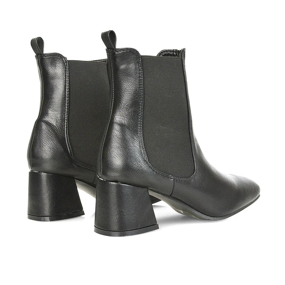 Anabella Square Toe Slip on Elasticated Mid-Block Heel Chelsea Ankle Boots in Burgandy