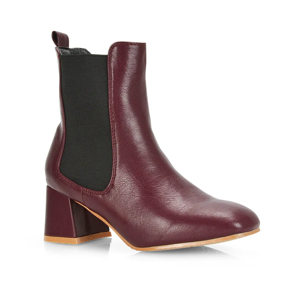 Anabella Square Toe Slip on Elasticated Mid-Block Heel Chelsea Ankle Boots in Burgandy