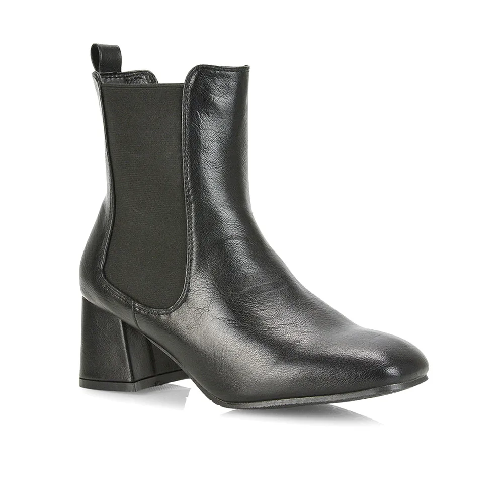 Anabella Square Toe Slip on Elasticated Mid-Block Heel Chelsea Ankle Boots in Burgandy