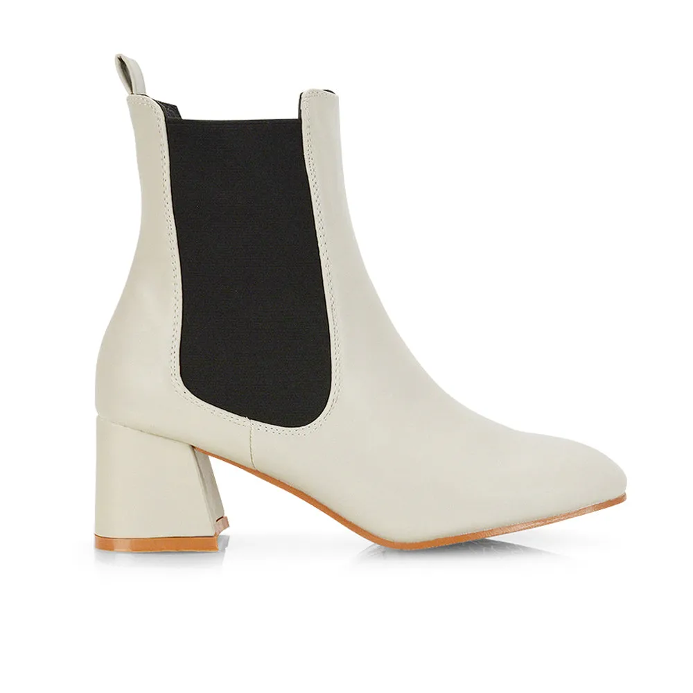 Anabella Square Toe Slip on Elasticated Mid-Block Heel Chelsea Ankle Boots in Burgandy
