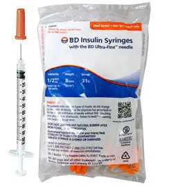 BD Insulin Syringes Ultra-Fine II Short Needle - 1/2cc 31G 5/16" - Polybag of 10ct