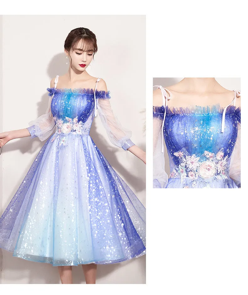 Beautiful Gradient Blue Sparkle Short Prom Dress, Off Shoulder Tulle Homecoming Dress