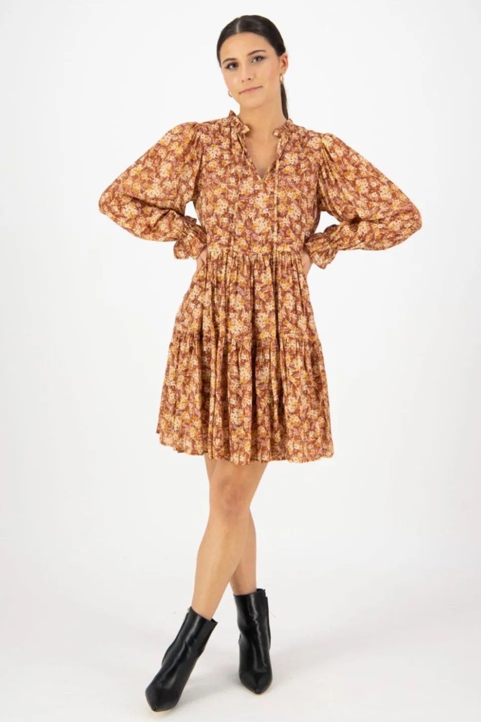 Billie Rust Floral LS Frill V Neck Tiered Mini Dress