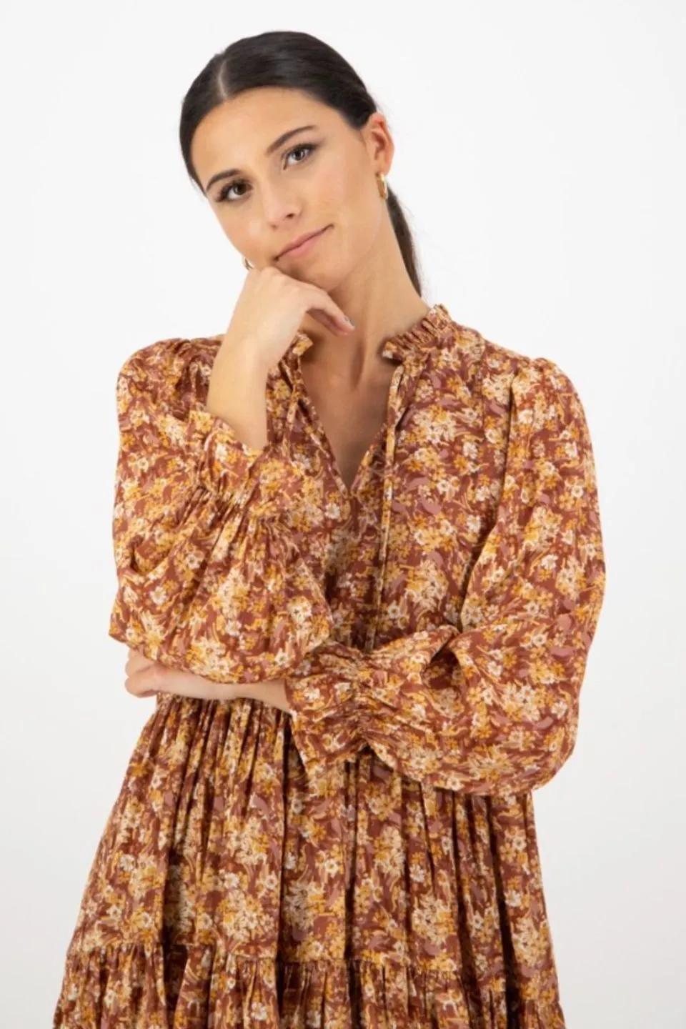 Billie Rust Floral LS Frill V Neck Tiered Mini Dress