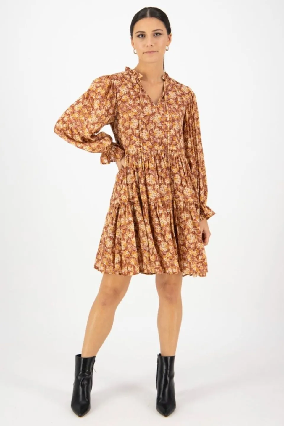 Billie Rust Floral LS Frill V Neck Tiered Mini Dress