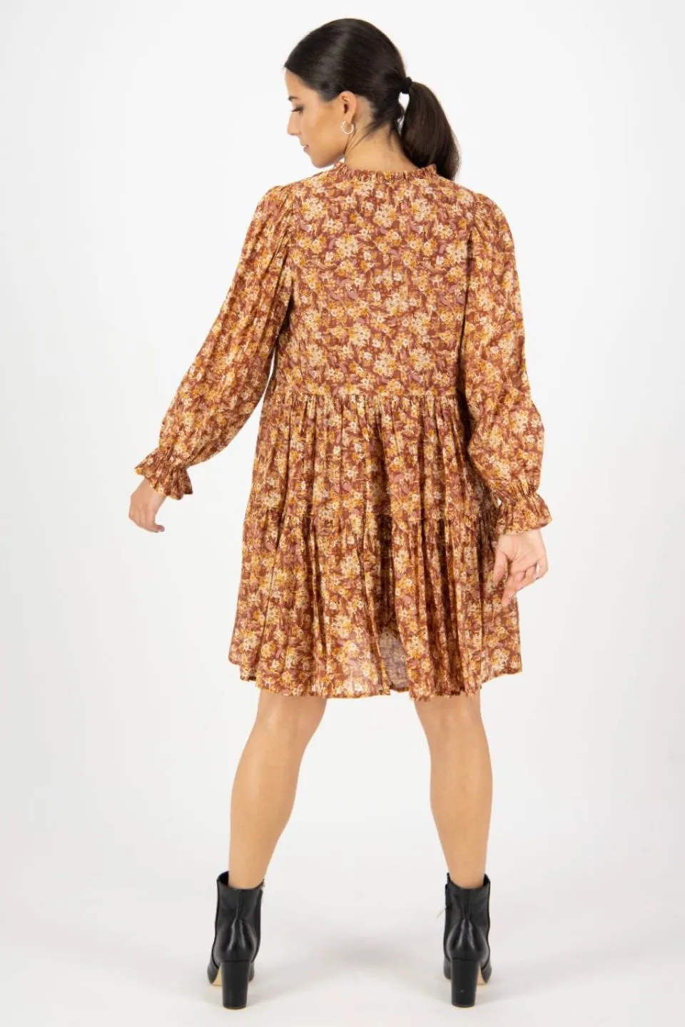 Billie Rust Floral LS Frill V Neck Tiered Mini Dress