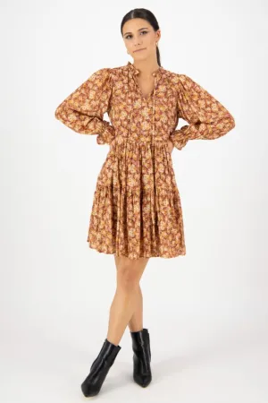 Billie Rust Floral LS Frill V Neck Tiered Mini Dress