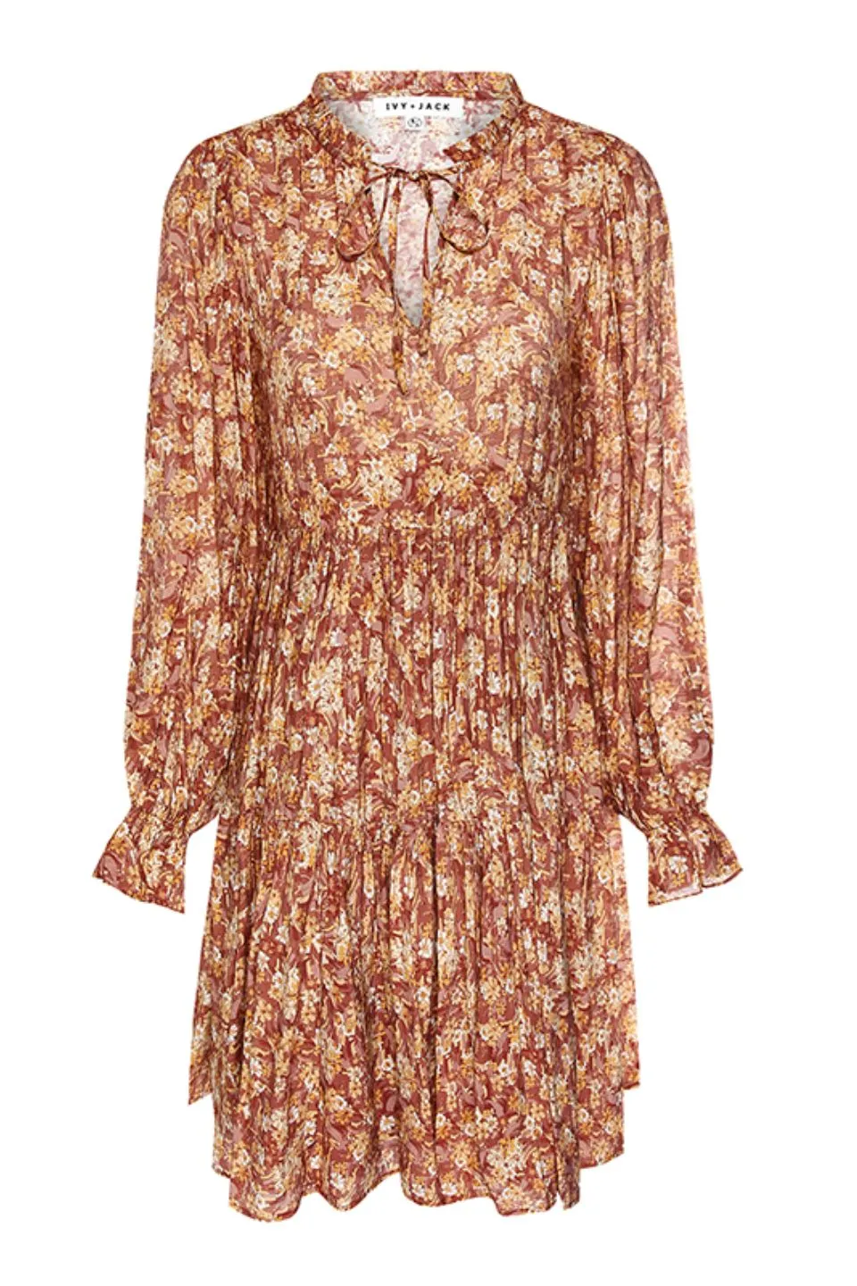 Billie Rust Floral LS Frill V Neck Tiered Mini Dress
