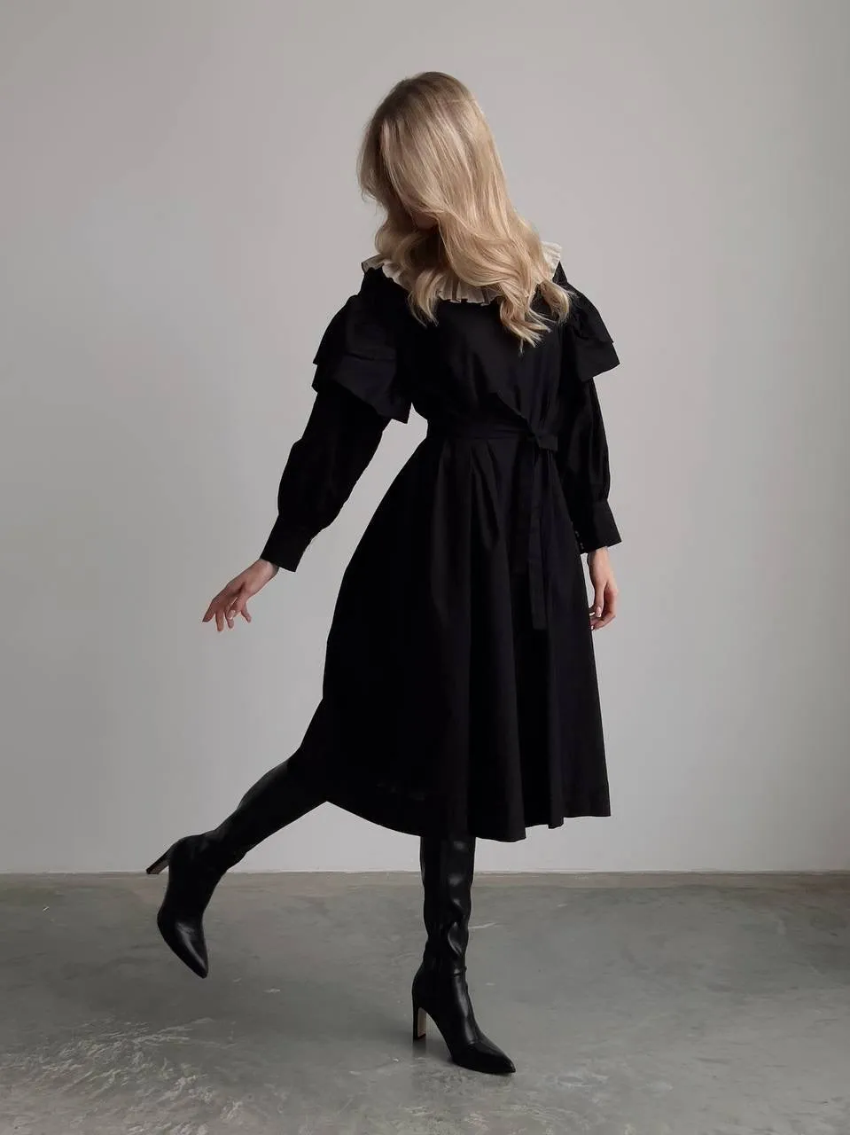 Black Dress with Beige Pleated Collar