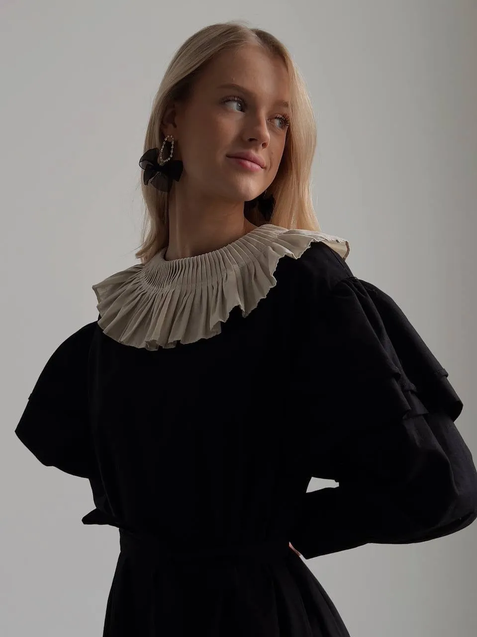 Black Dress with Beige Pleated Collar