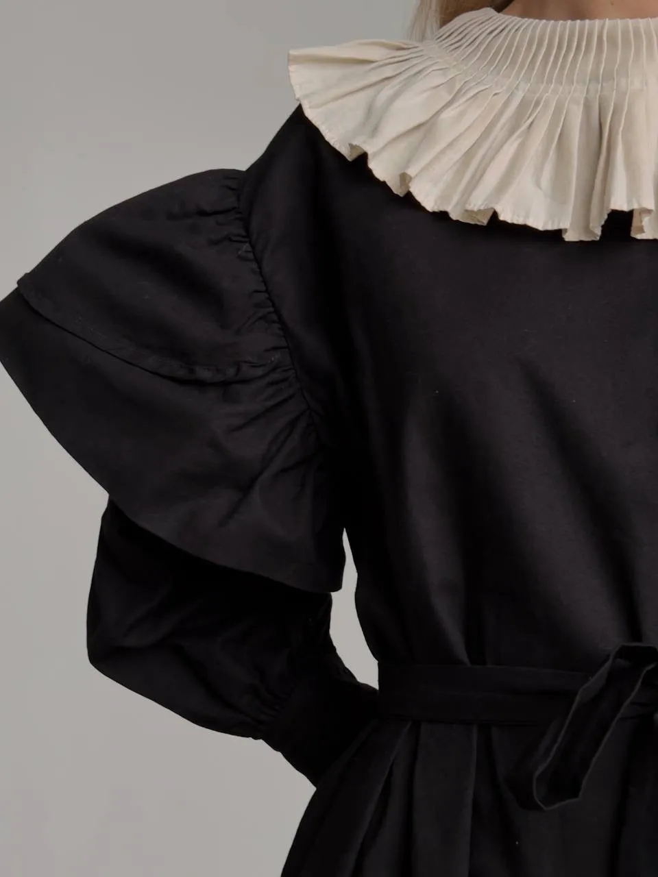 Black Dress with Beige Pleated Collar