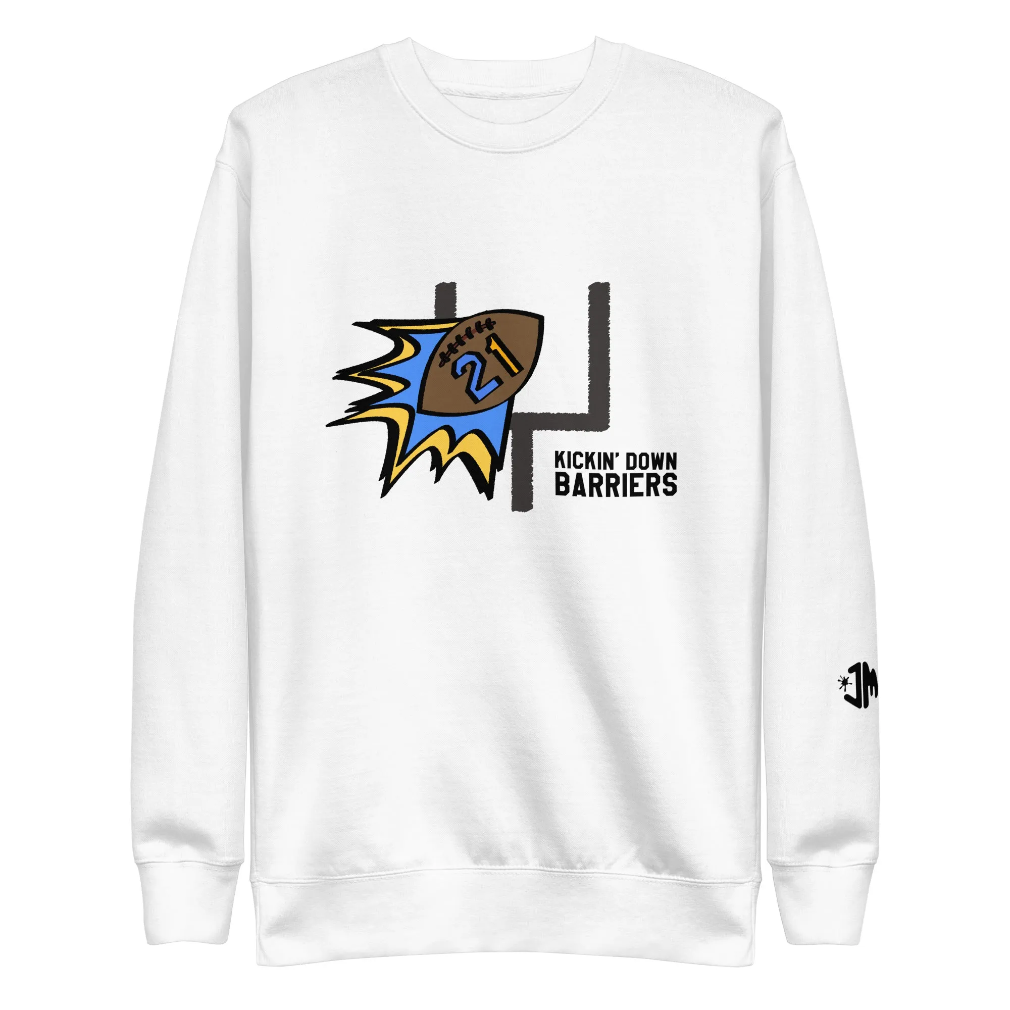 Caden's "Kickin' Down Barriers" Crewneck (White)