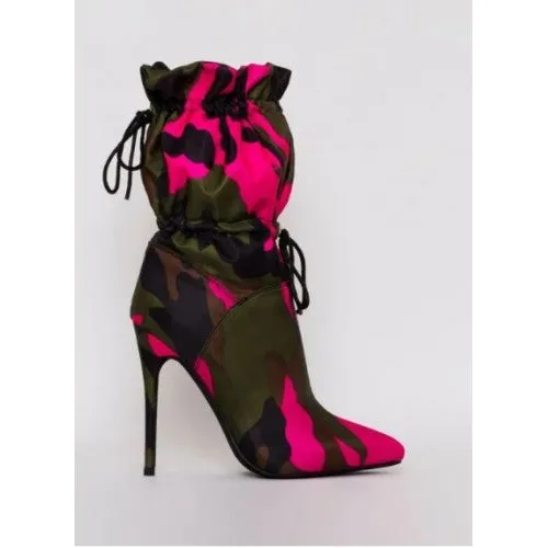 Camouflage Print Drawstring Stiletto Heeled Boots