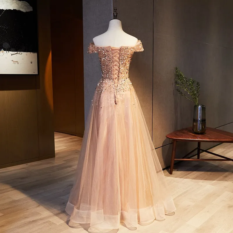 Champagne Sequins and Beadings Off Shoulder Sweetheart Party Dress,  Long Prom Dress Formal Dress