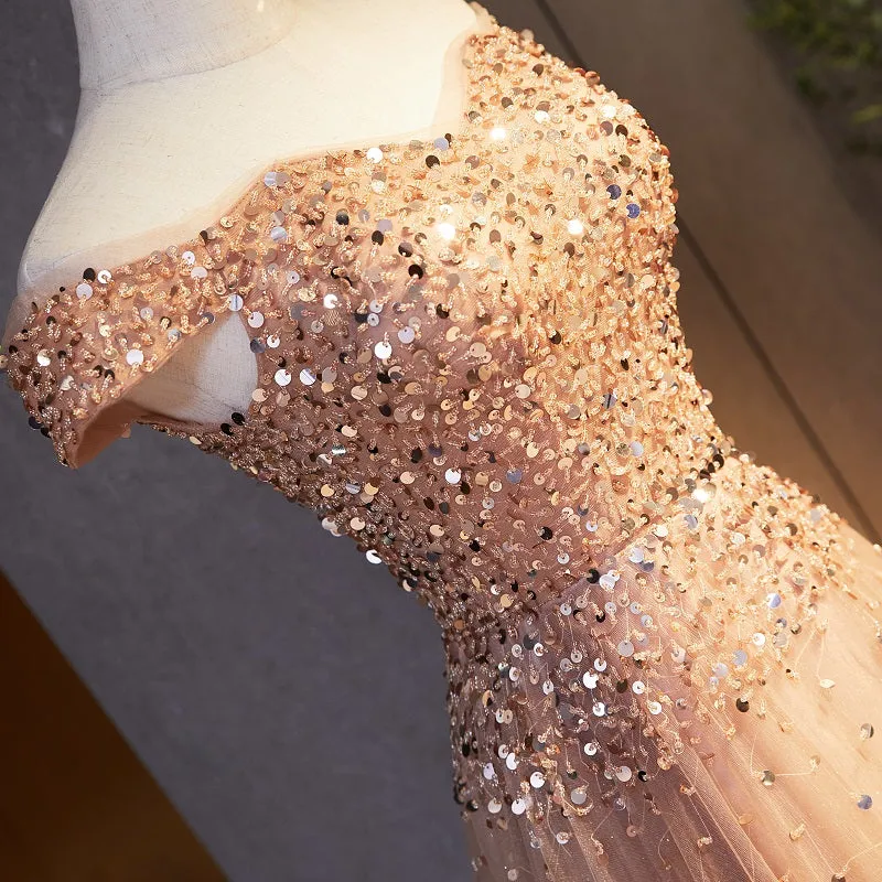 Champagne Sequins and Beadings Off Shoulder Sweetheart Party Dress,  Long Prom Dress Formal Dress