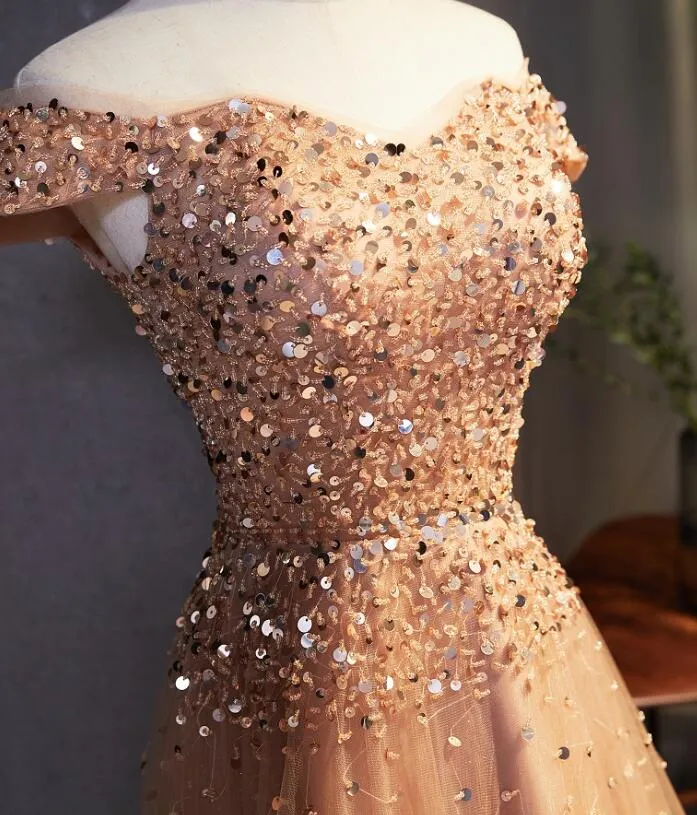 Champagne Sequins and Beadings Off Shoulder Sweetheart Party Dress,  Long Prom Dress Formal Dress