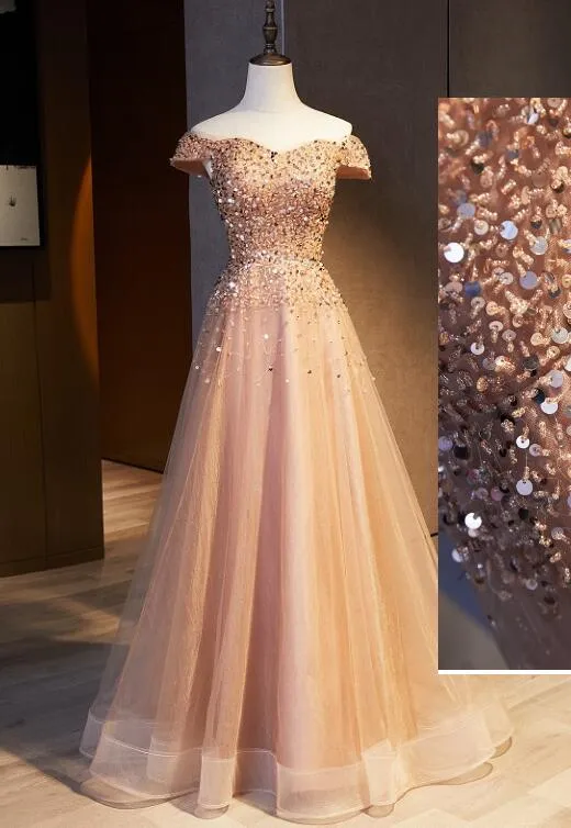 Champagne Sequins and Beadings Off Shoulder Sweetheart Party Dress,  Long Prom Dress Formal Dress