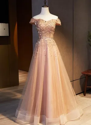 Champagne Sequins and Beadings Off Shoulder Sweetheart Party Dress,  Long Prom Dress Formal Dress