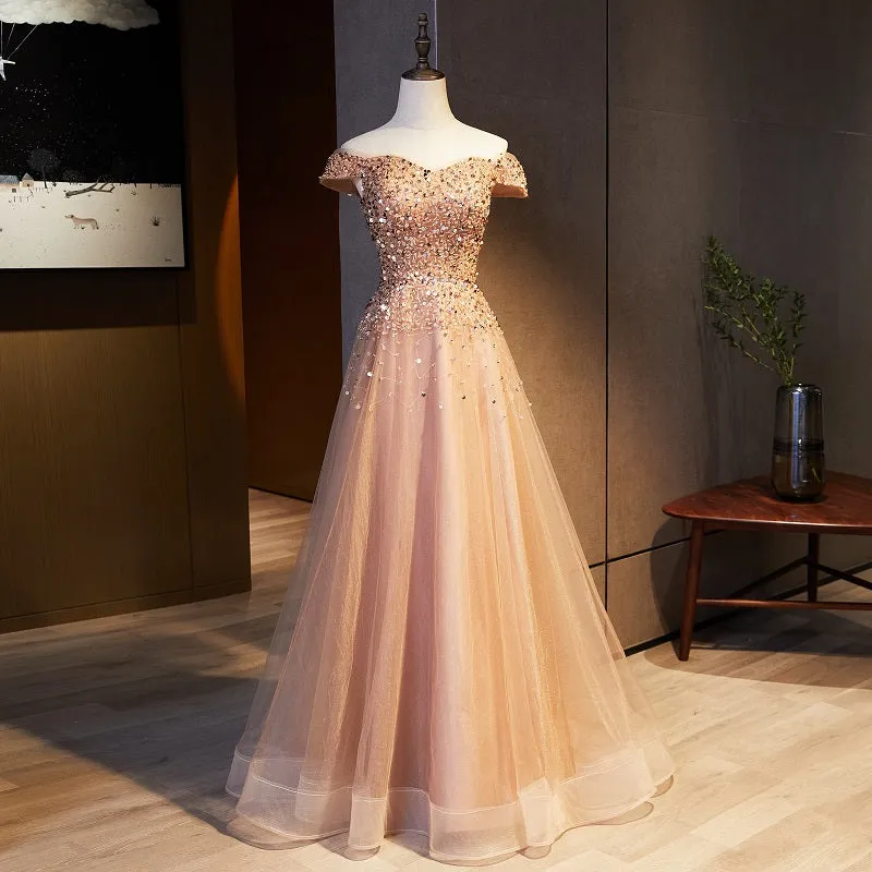 Champagne Sequins and Beadings Off Shoulder Sweetheart Party Dress,  Long Prom Dress Formal Dress