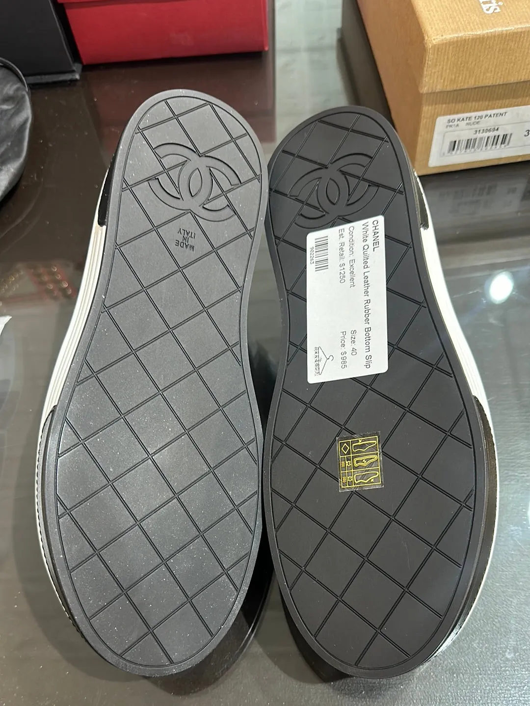 Chanel White Quilted Leather Rubber Bottom Slip on with Black Toe