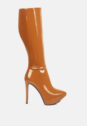 Chatton Patent Stiletto High Heeled Calf Boots By Ruw