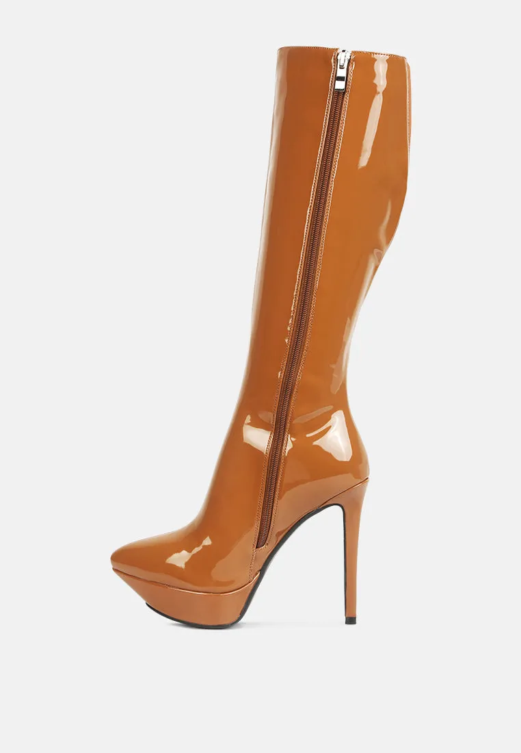 Chatton Patent Stiletto High Heeled Calf Boots By Ruw