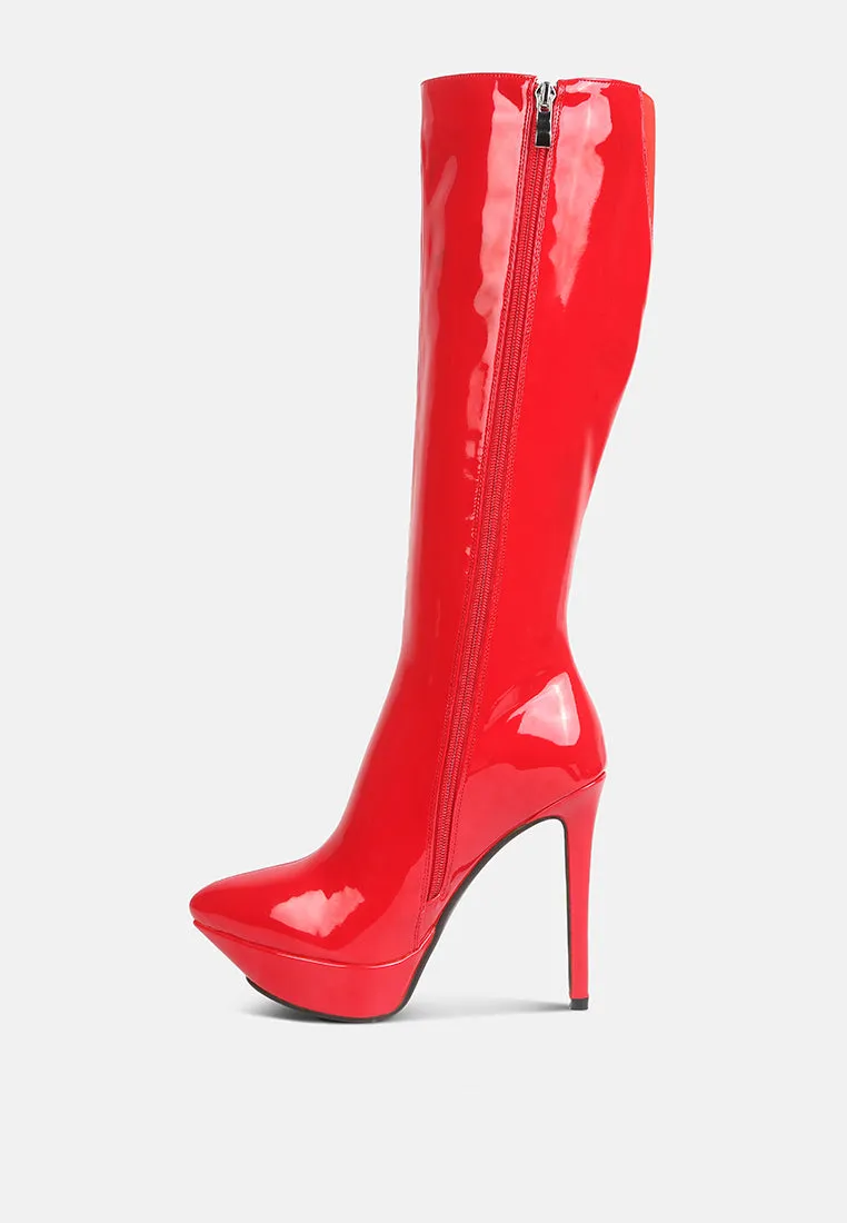 Chatton Patent Stiletto High Heeled Calf Boots By Ruw