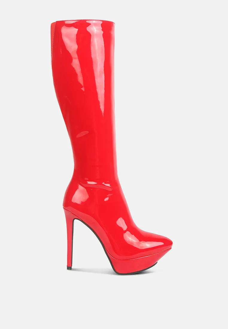 Chatton Patent Stiletto High Heeled Calf Boots By Ruw