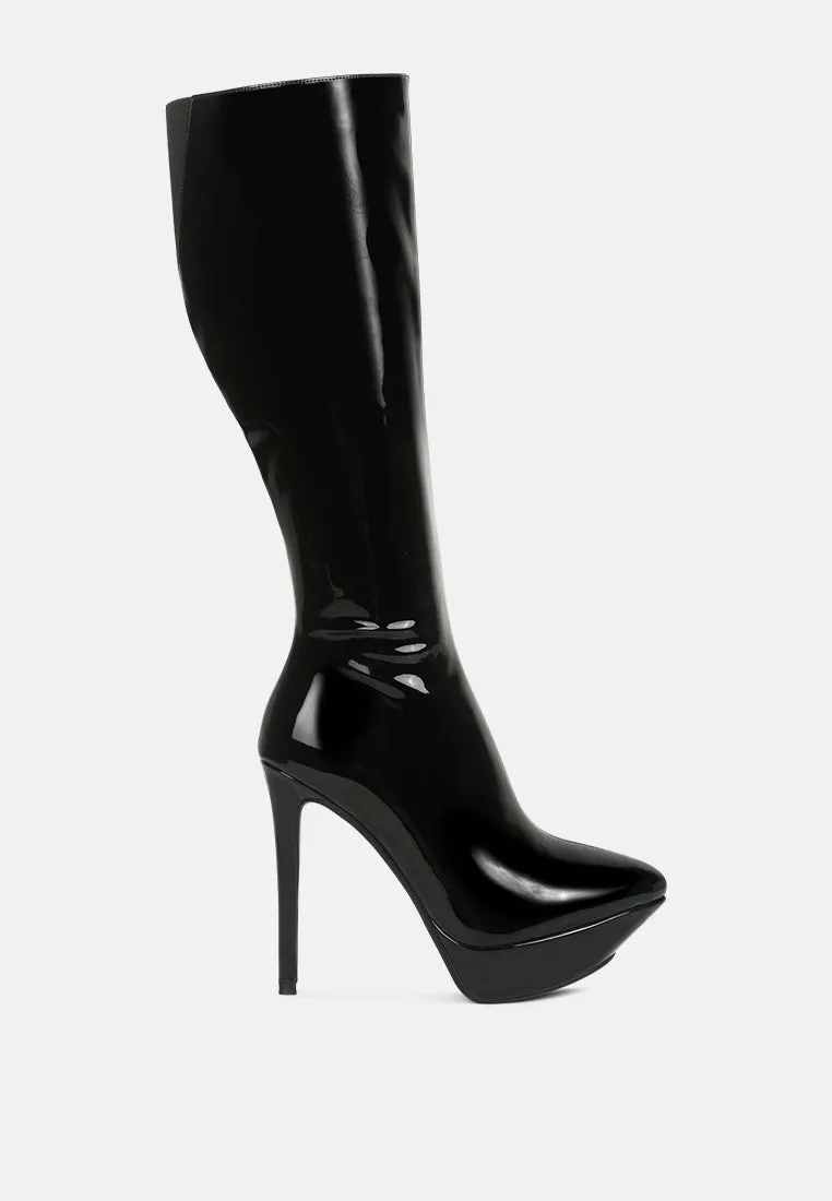 Chatton Patent Stiletto High Heeled Calf Boots By Ruw