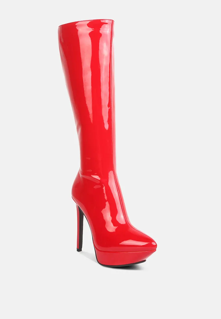 Chatton Patent Stiletto High Heeled Calf Boots By Ruw