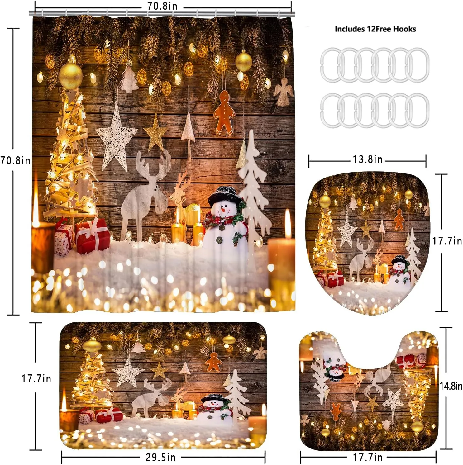 Christmas Shower Curtain Set with Curtain, Rugs, Bathroom Decor, Xmas NEW