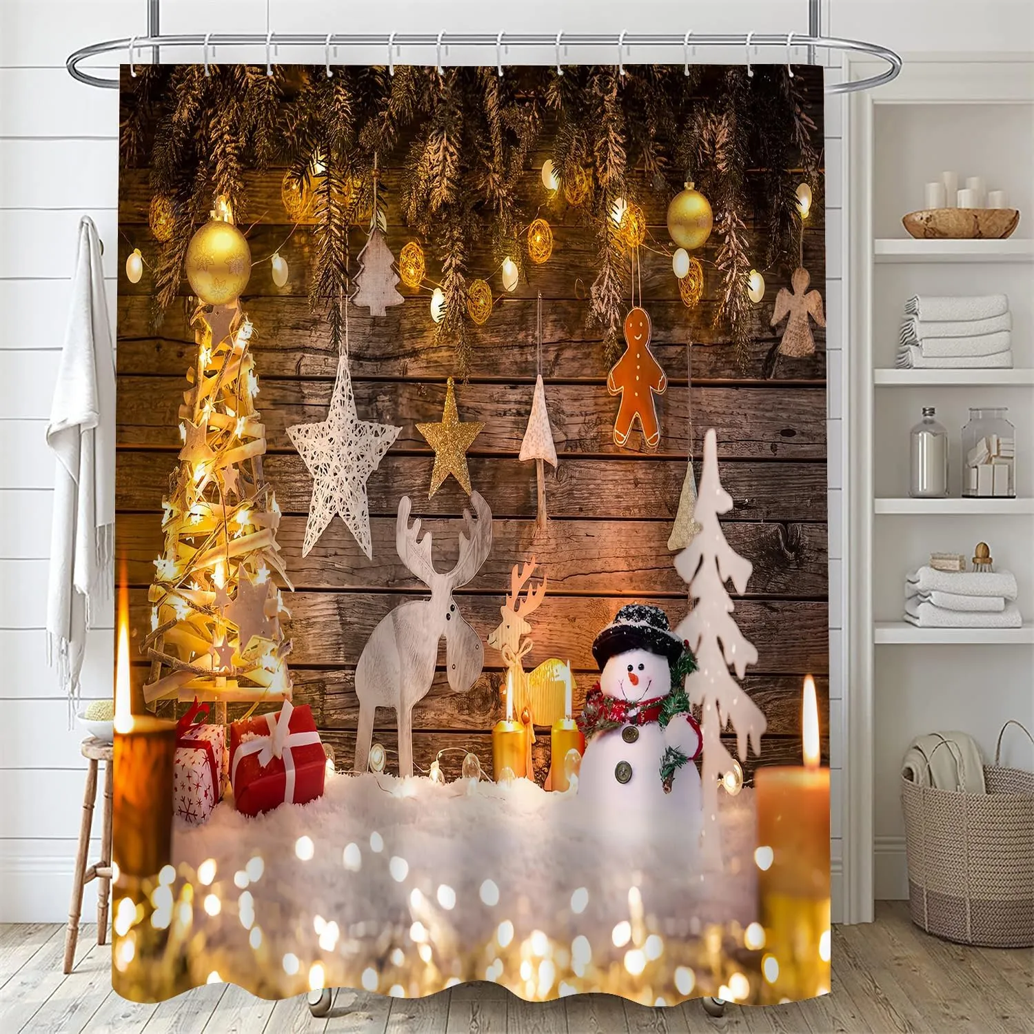 Christmas Shower Curtain Set with Curtain, Rugs, Bathroom Decor, Xmas NEW