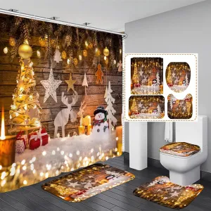 Christmas Shower Curtain Set with Curtain, Rugs, Bathroom Decor, Xmas NEW