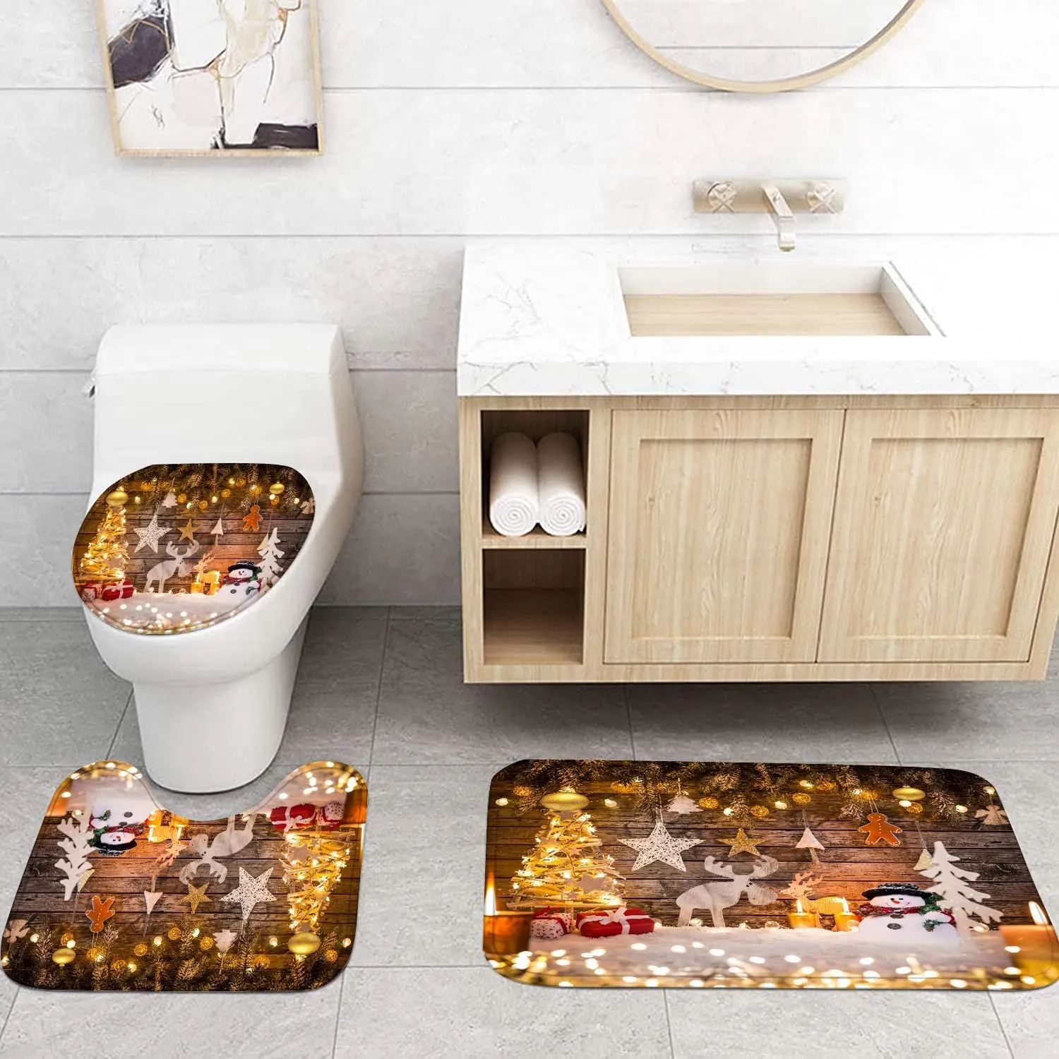 Christmas Shower Curtain Set with Curtain, Rugs, Bathroom Decor, Xmas NEW