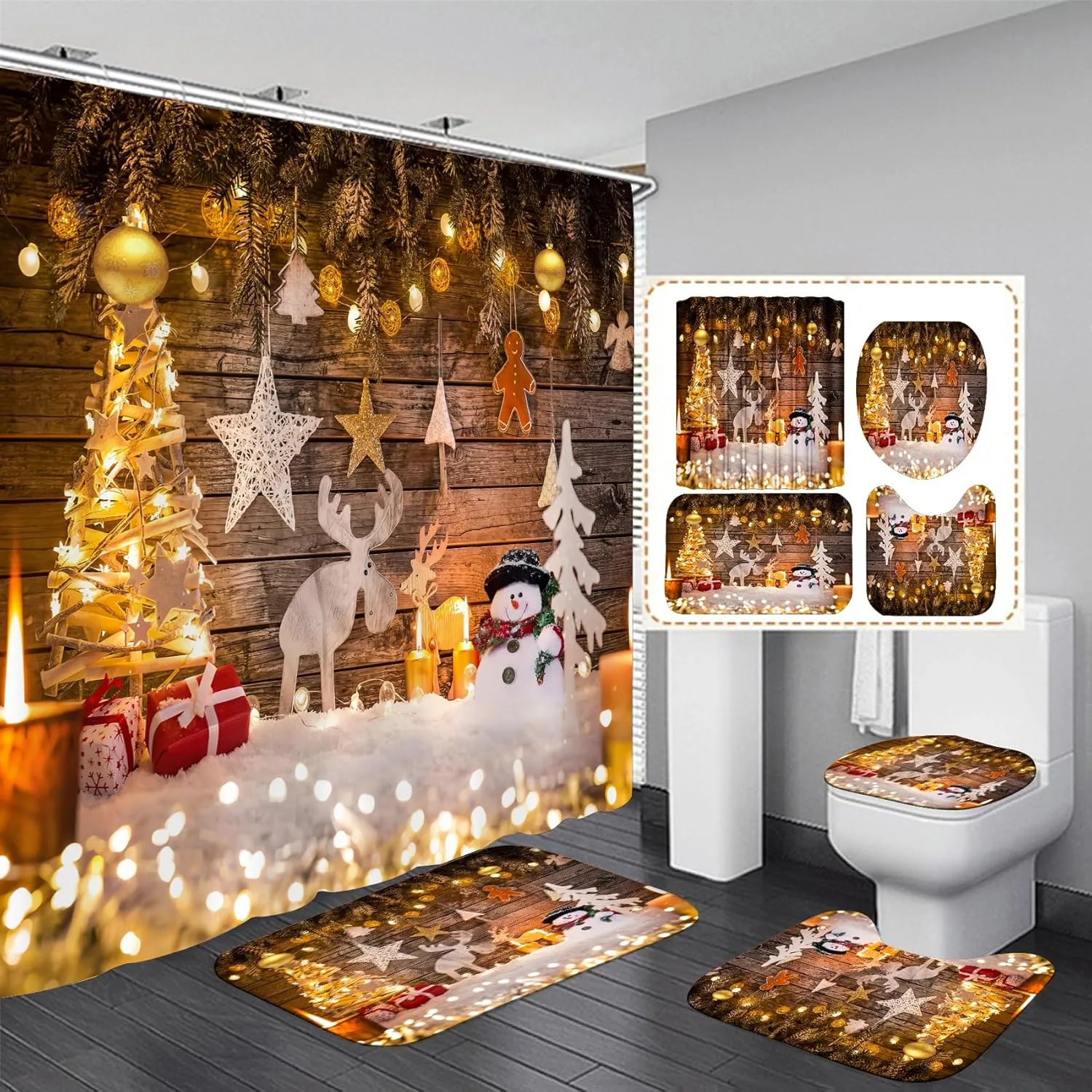 Christmas Shower Curtain Set with Curtain, Rugs, Bathroom Decor, Xmas NEW